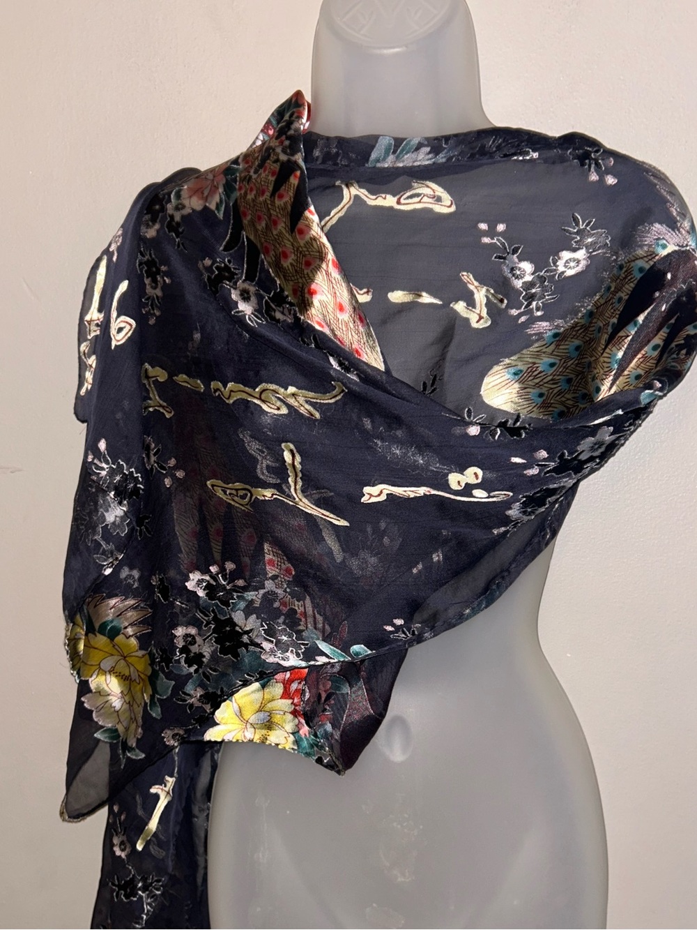 Asian Inspired Silk Scarf - sheer black w/all over print